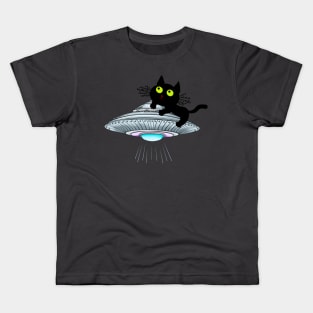 Lucky Black Cat on a UFO Kids T-Shirt